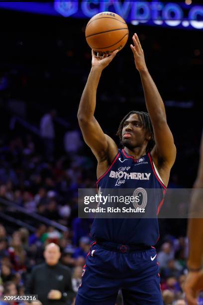 Tyrese Maxey of the Philadelphia 76ers in action against the Charlotte Hornets during a game at the Wells Fargo Center on March 16, 2024 in...