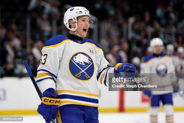 Jeff Skinner of the Buffalo Sabres celebrates his hat trick against the Seattle Kraken during the third period at Climate Pledge Arena on March 18,...