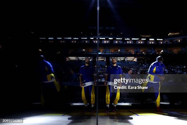 Stephen Curry and Draymond Green the Golden State Warriors warm up on the side of the court before their game against the New York Knicks at Chase...