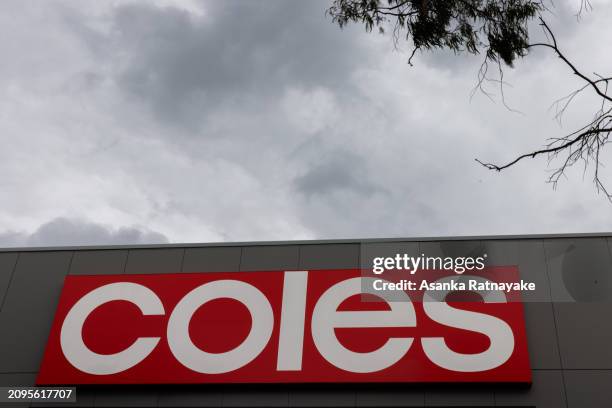 Coles signage outside one of its supermarkets on March 19, 2024 in Melbourne, Australia. Australia's two major supermarket chains, Coles and...