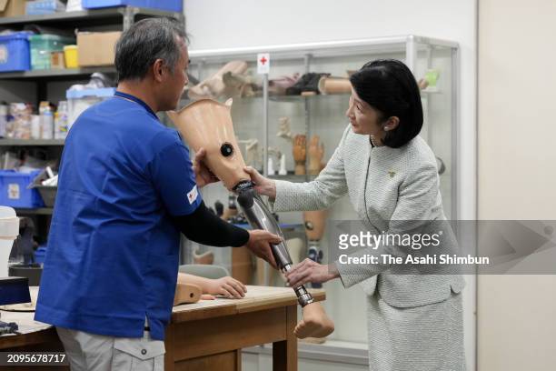 Crown Princess Kiko of Akishino visits the Japan Red Cross Prosthetic Limbs Factory on March 18, 2024 in Chiba, Japan.