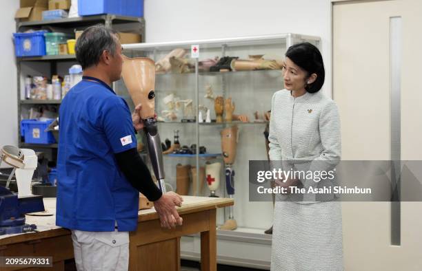 Crown Princess Kiko of Akishino visits the Japan Red Cross Prosthetic Limbs Factory on March 18, 2024 in Chiba, Japan.