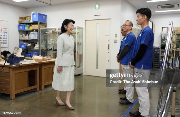 Crown Princess Kiko of Akishino visits the Japan Red Cross Prosthetic Limbs Factory on March 18, 2024 in Chiba, Japan.