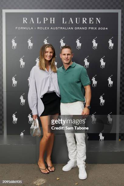 Amy Pejkovic and David Zaharakis attend the Ralph Lauren Fragrances x Formula 1 Australian Grand Prix 2024 Launch on March 19, 2024 in Melbourne,...