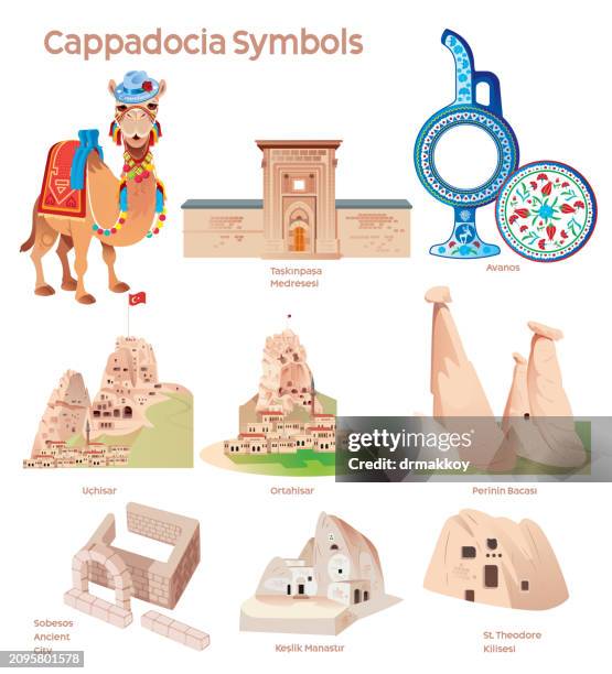 ilustraciones, imágenes clip art, dibujos animados e iconos de stock de cappadocia symbols - rock hoodoos