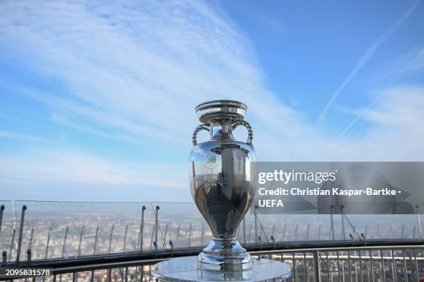 The Trophy is seen on platform of Fernsehturm during UEFA EURO 2024 Trophy Tour on March 23, 2024 in Stuttgart, Germany.
