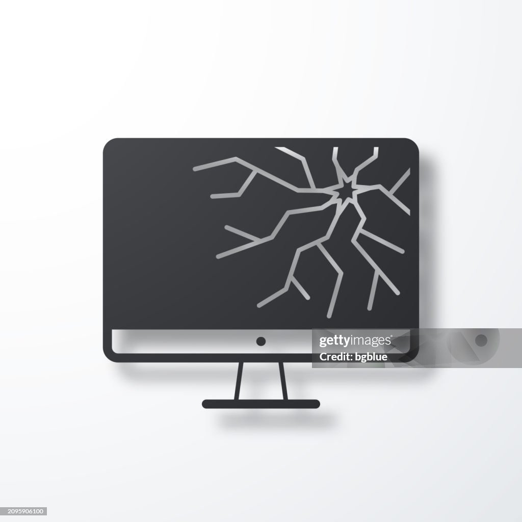 Desktop computer with broken screen. Icon with shadow on white background
