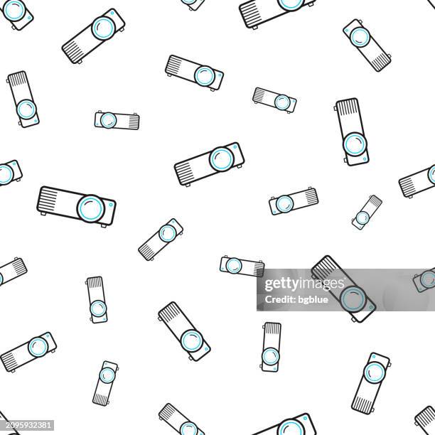 projector. seamless pattern. line icons on white background - overhead projector stock illustrations