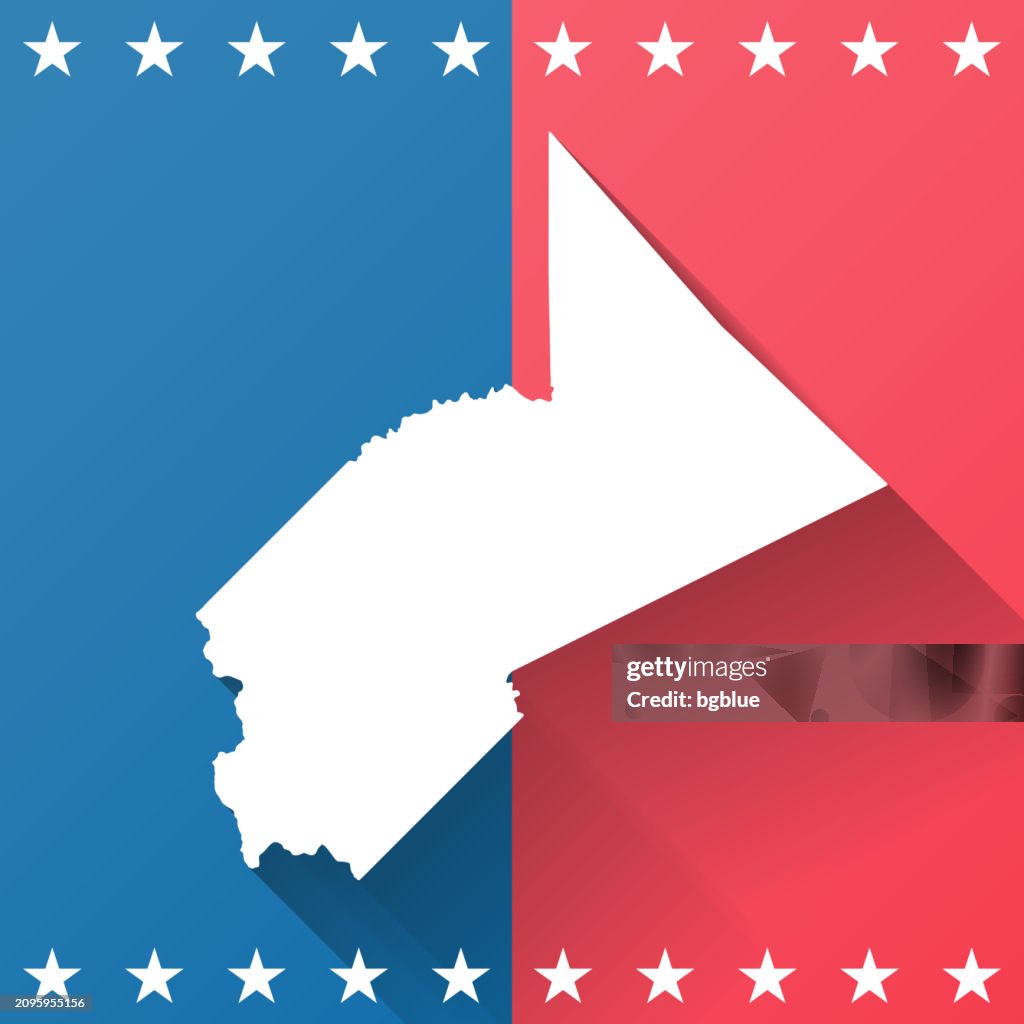 Stanislaus County, California. Map on blue and red background