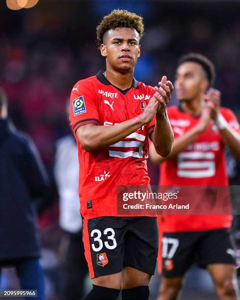 Desire Doue of Stade Rennais acknowledges the fans following the Ligue 1 Uber Eats match between Stade Rennais FC and Olympique de Marseille at...