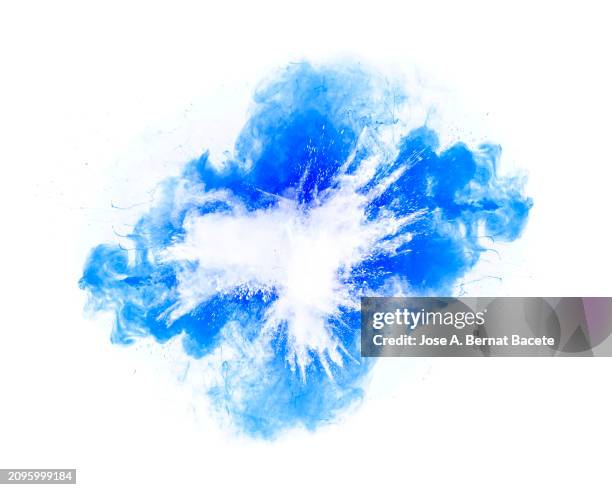 blue and white cloud of smoke and dust produced by an explosion on a white background. - detonator stock pictures, royalty-free photos & images