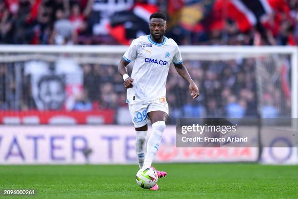 Chancel Mbemba of Olympique de Marseille controls the ball during the Ligue 1 Uber Eats match between Stade Rennais FC and Olympique de Marseille at...