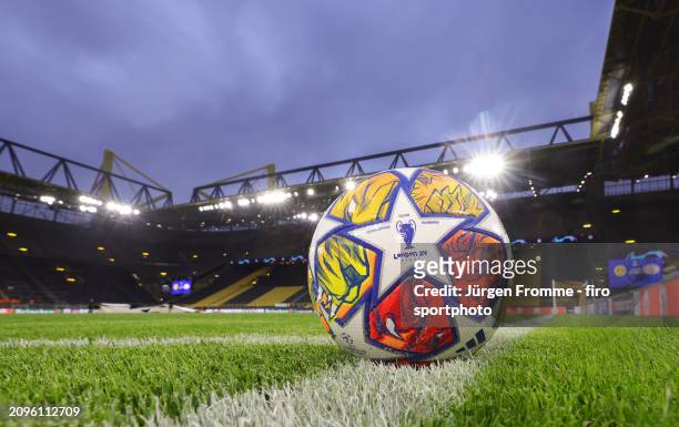 Adidas Champions League final ball London 24 at Signal Iduna Park on grass Background Feature before the UEFA Champions League 2023/24 round of 16...