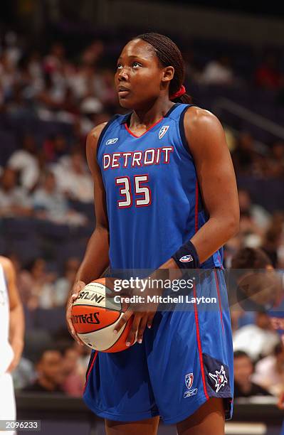 Cheryl Ford of the Detroit Shock looks on during the game against the Washington Mystics on June 14, 2003 at MCI Center in Washington, D.C. The Shock...