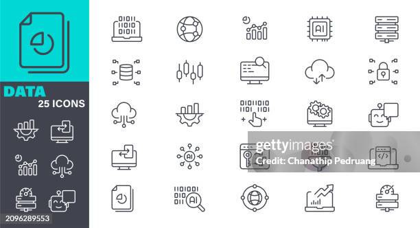 big data-symbolsatz. bearbeitbarer strich. das set enthält symbole: cloud computing, computer programmer - illustration. icon-symbol, technologie, künstliche intelligenz, maschinelles lernen, verbindung - daten stock-grafiken, -clipart, -cartoons und -symbole