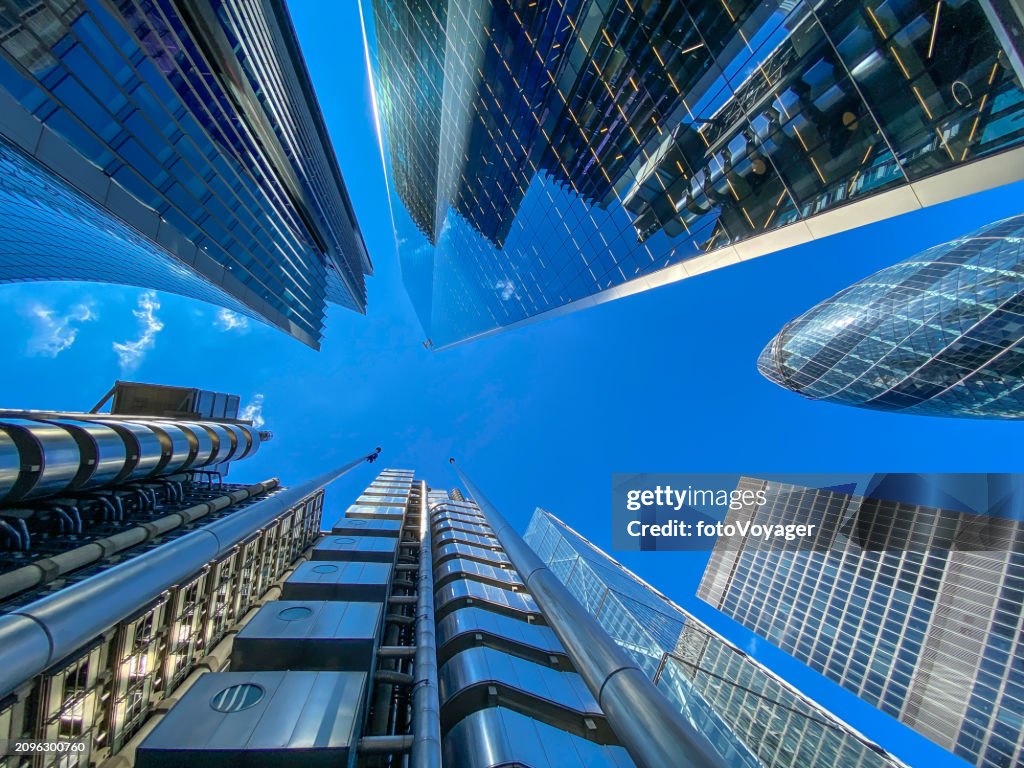 City of London Financial District skyscrapers soaring into blue sky