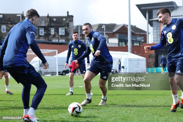 John McGinn of Scotland is seen during a Scotland training session at Lesser Hampden on March 19, 2024 in Glasgow, Scotland.