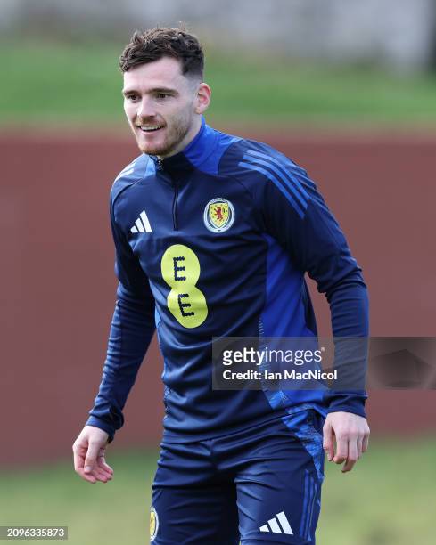 Scotland captain Andy Robertson is seen during a Scotland training session at Lesser Hampden on March 19, 2024 in Glasgow, Scotland.