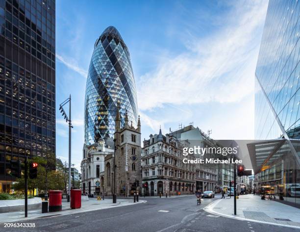 street view of office towers in the city of london - road signal stock pictures, royalty-free photos & images