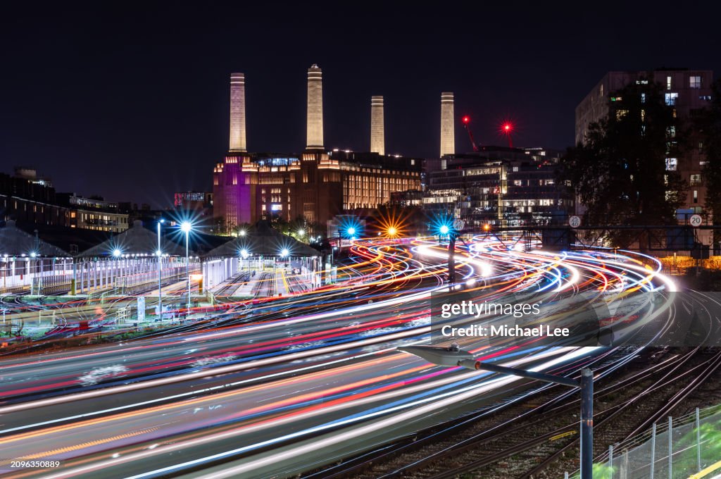 London Light Trails and Battersea Power Station
