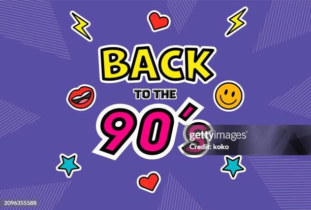 back to the 90's. lips, smiley face, thunderbolt shape, heart shape, star shape. design in 1990s style. - smiley face emoticon stock illustrations