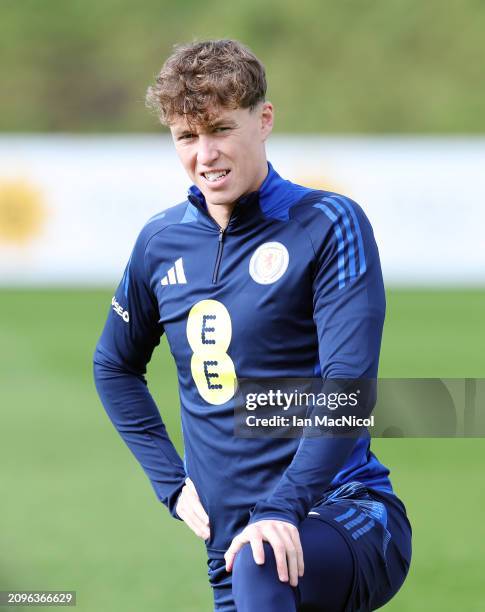 Jack Henry of Scotland is seen during a Scotland training session at Lesser Hampden on March 19, 2024 in Glasgow, Scotland.