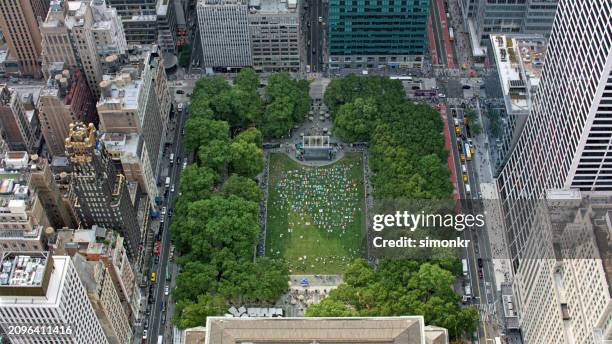 view of bryant park - bryant park aerial stock pictures, royalty-free photos & images