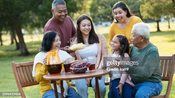 multi-generation multiracial family eating in back yard - filipino family reunion stock pictures, royalty-free photos & images