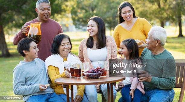 multi-generation multiracial family eating in back yard - filipino family reunion stock pictures, royalty-free photos & images