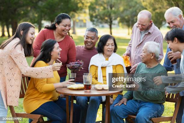 multiracial extended family having picnic in back yard - filipino family reunion stock pictures, royalty-free photos & images