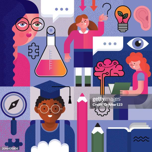 education and learning concept - students working stock illustrations