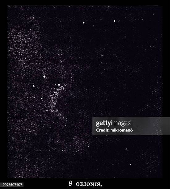 old engraved illustration of astronomy - sigma orionis or sigma ori, a multiple star system in the constellation orion, consisting of the brightest members of a young open cluster - orion belt stock pictures, royalty-free photos & images