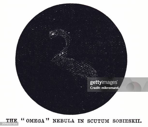 old engraved illustration of astronomy - the omega nebula, also known as the swan nebula, checkmark nebula, lobster nebula, and the horseshoe nebula (messier 17 or m17 or ngc 6618) region in the constellation sagittarius - the archer stock pictures, royalty-free photos & images