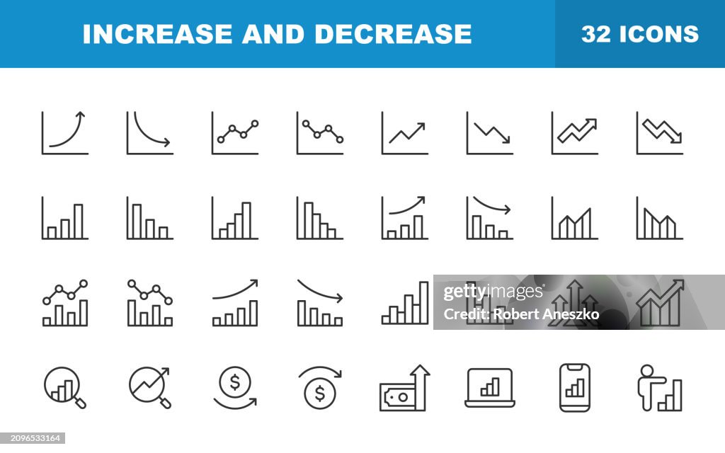 Aumentar e diminuir ícones de linha. Traçado editável, Contém ícones como seta, gráfico, diagrama, finanças, direção, gráfico, crescimento, taxa de juros, investimento, desempenho, mercado de ações, dados.