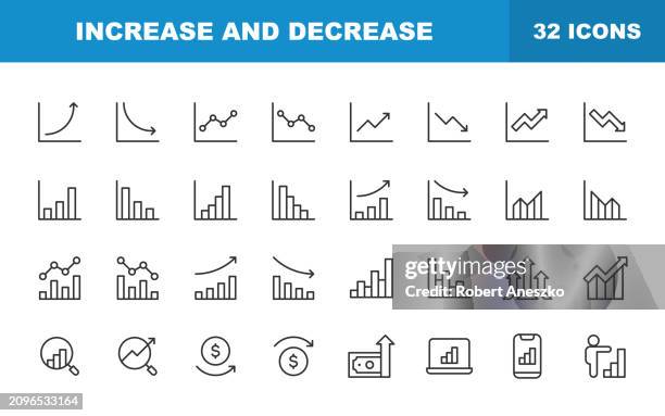 increase and decrease line icons. editable stroke, contains such icons as arrow, chart, diagram, finance, direction, graph, growth, interest rate, investment, performance, stock market, data. - value for money stock illustrations