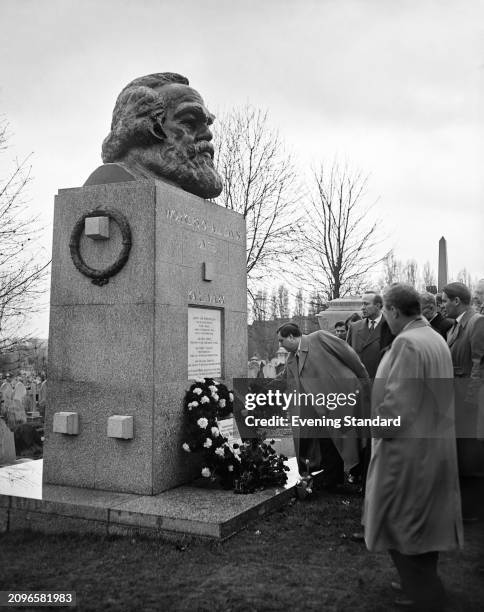 Deputy Soviet Premier Georgy Malenkov lays a wreath at the tomb of Karl Marx, Highgate Cemetery, London, April 6th 1956.