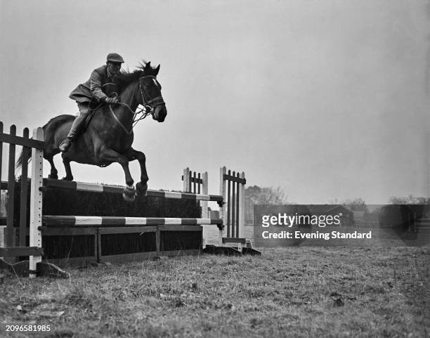 Equestrian Harry Llewellyn jumps over a fence while riding 'Aherlow' during the Olympic horse trials, Windsor Forest Stud, Ascot, Berkshire, March...
