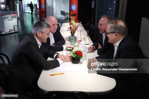 Bayern München President Herbert Hainer talks to FC Bayern München Honorary President Uli Hoeness, Karl-Heinz Rummenigge and Jan-Christian Dreesen,...