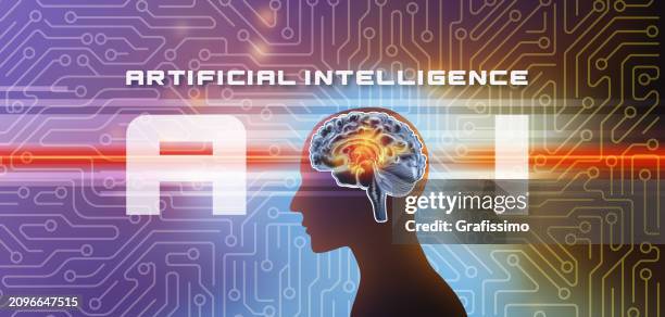 human head with circuit board of artificial intelligence illustration on dark background - neuron schema stock illustrations