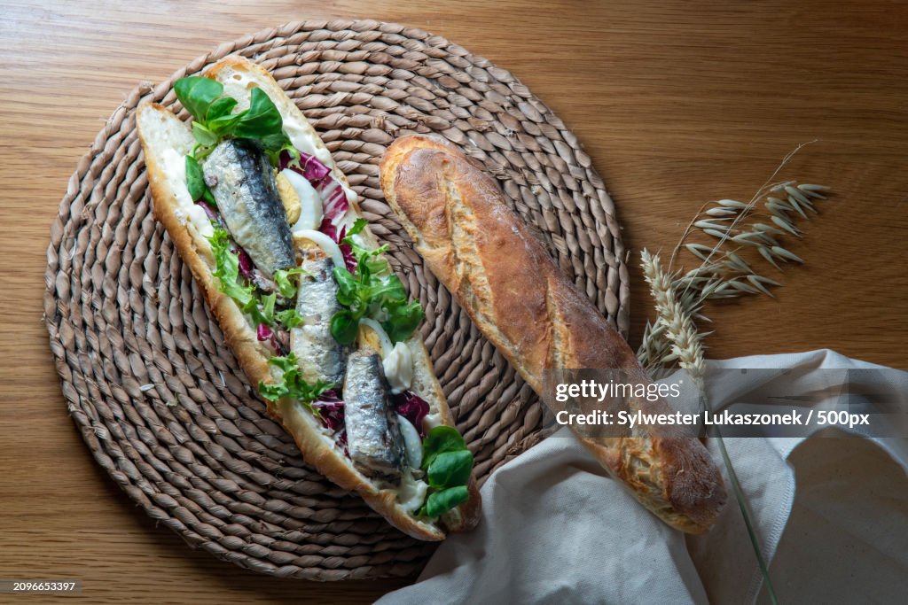 High angle view of bread with basket on table