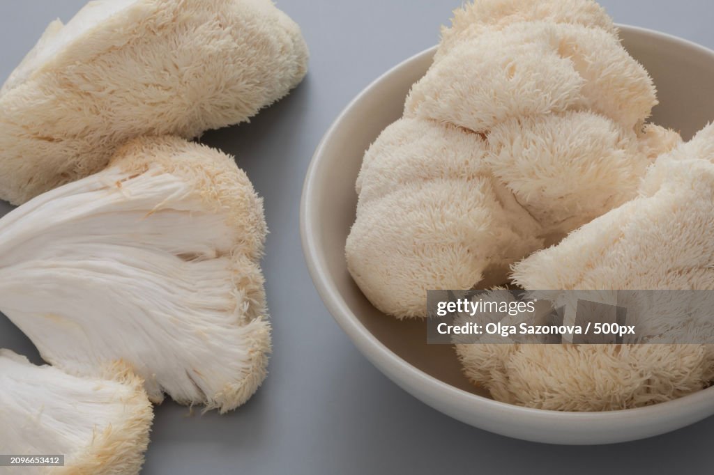 High angle view of Lions mane mushrooms in bowl on table