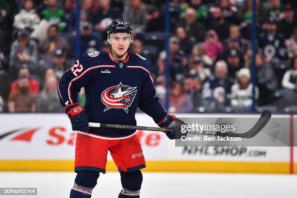 Jake Bean of the Columbus Blue Jackets skates during the first period of a game against the Winnipeg Jets at Nationwide Arena on March 17, 2024 in...