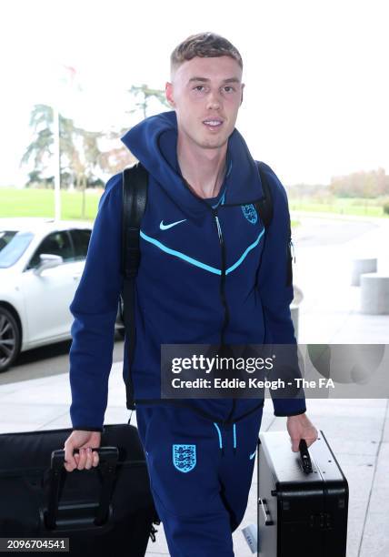 Cole Palmer of England arrives at St George's Park on March 19, 2024 in Burton upon Trent, England.