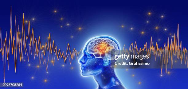 menschliches gehirn mit aufgezeichnetem elektroenzephalogramm eeg-illustration - eeg stock-grafiken, -clipart, -cartoons und -symbole