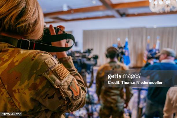 Defence Secretary Lloyd Austin and General Charles Q. Brown Junior talk to the media at the seventh gathering of the Ukraine Defence Contact Group at...
