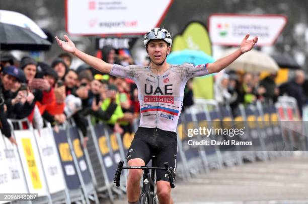 Tadej Pogacar of Slovenia and UAE Emirates Team celebrates at finish line as stage winner during the 103rd Volta Ciclista a Catalunya 2024, Stage 2 a...