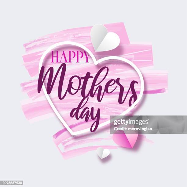 happy mother's day typography with flying paper hearts - mothers day text art stock illustrations