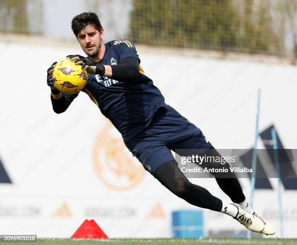 Thibaut Courtois player of Real Madrid is training at Valdebebas training ground on March 19, 2024 in Madrid, Spain.