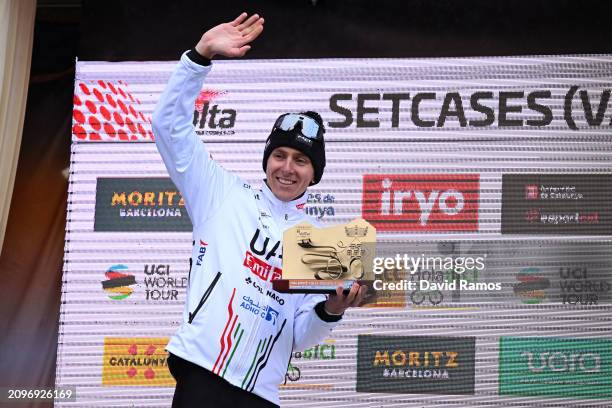 Tadej Pogacar of Slovenia and UAE Emirates Team celebrates at podium as stage winner during the 103rd Volta Ciclista a Catalunya 2024, Stage 2 a...