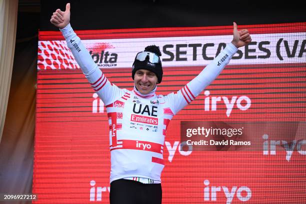 Tadej Pogacar of Slovenia and UAE Emirates Team celebrates at podium as Red Mountain Jersey winner during the 103rd Volta Ciclista a Catalunya 2024,...